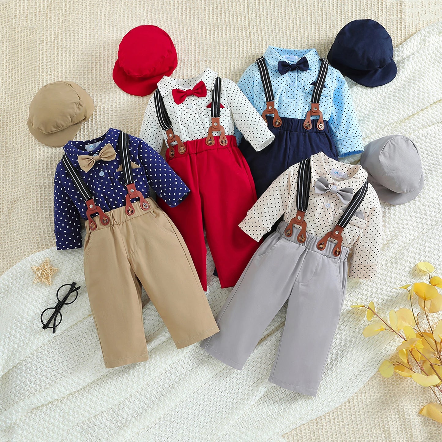 0-18M Autumn Baby Boys Gentleman Clothes Sets 3pcs Long Sleeve Polka Dots Print Shirt + Suspender Pants + HaT