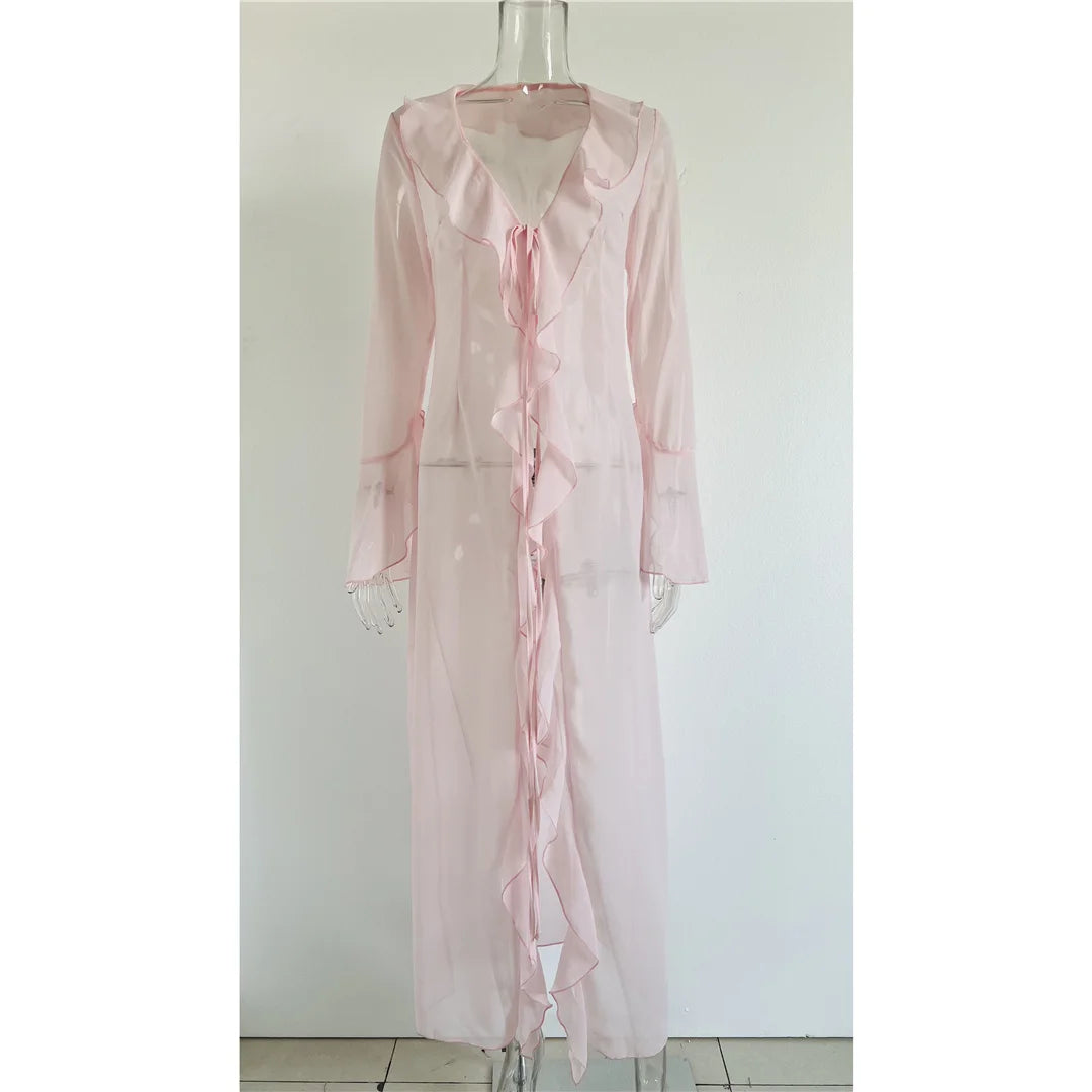 V Neck Ruffled Long Sleeve Chiffon Beach Cover Up Dress