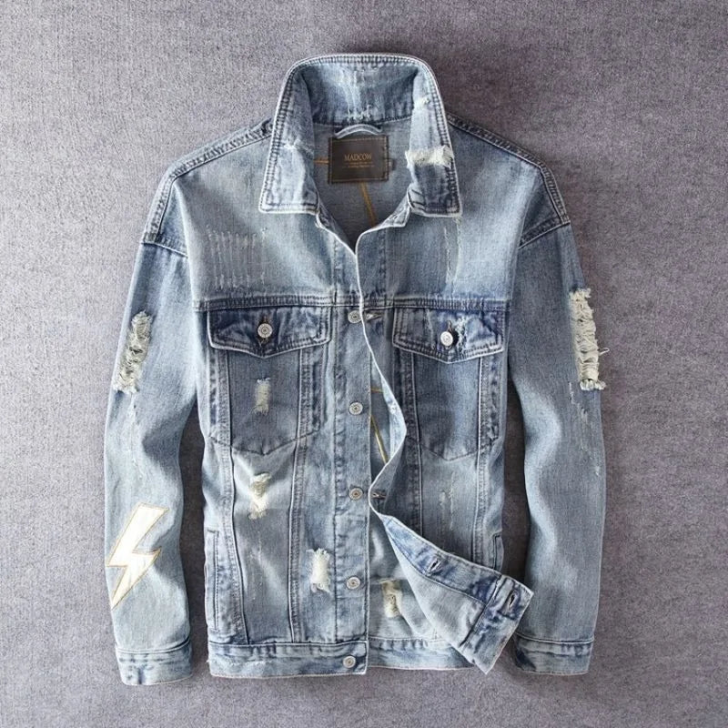 Men's Embroidered Denim Jacket - Retro Ripped Street Style
