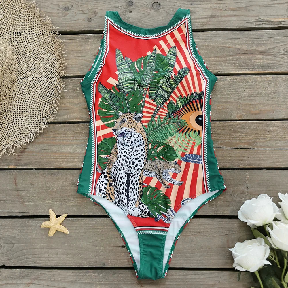 Women's Print One Piece Swimsuit Vintage Retro Backless Monokini