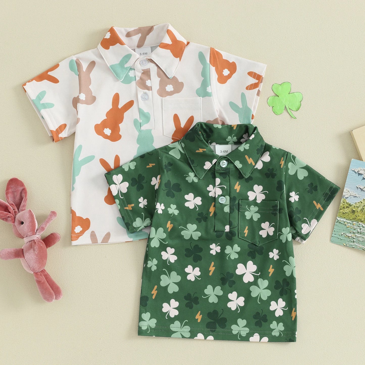 1-6Y Summer Kids Boys Easter T-shirt Short Sleeve Bunny Clover Print Single Breasted Shirt