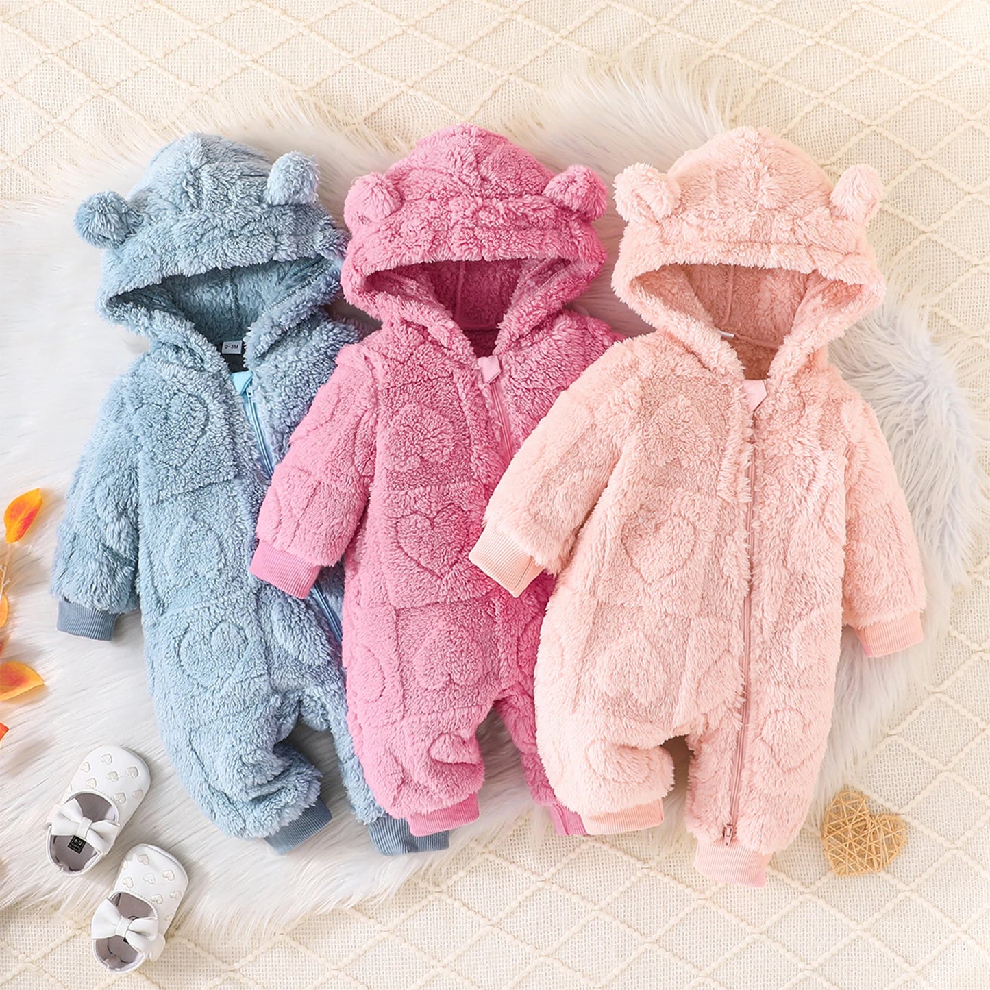 Baby Girls Boys Warm Romper 0-18M Solid Plush Hooded Long Sleeve Jumpsuits