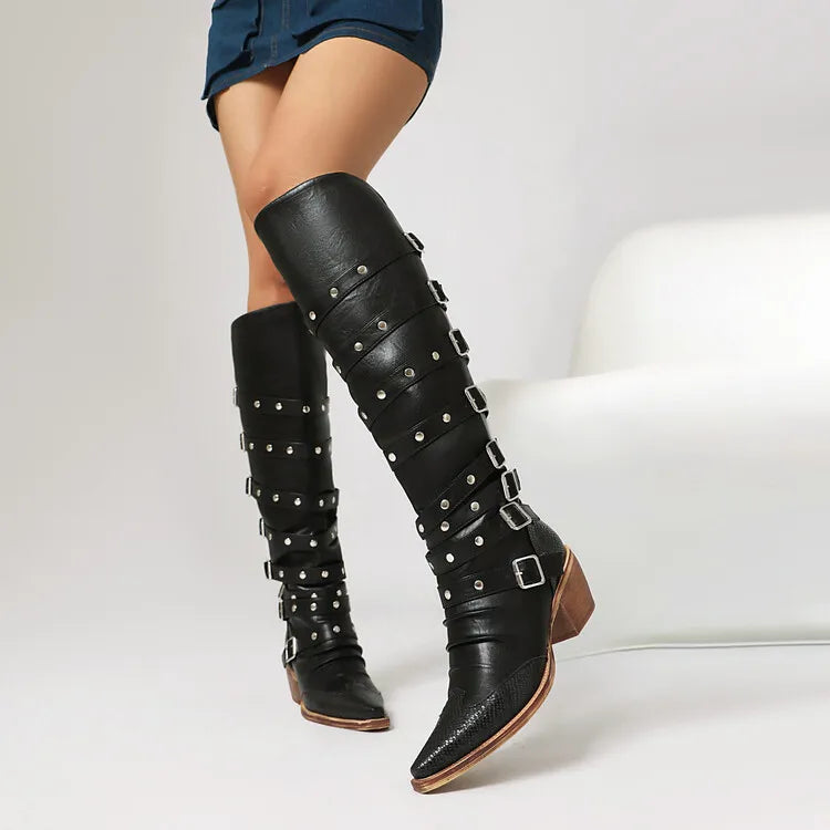 Women's 6cm Square Heel Knee High Boots Belt Buckle Rivet Pointed Leather Long Boots