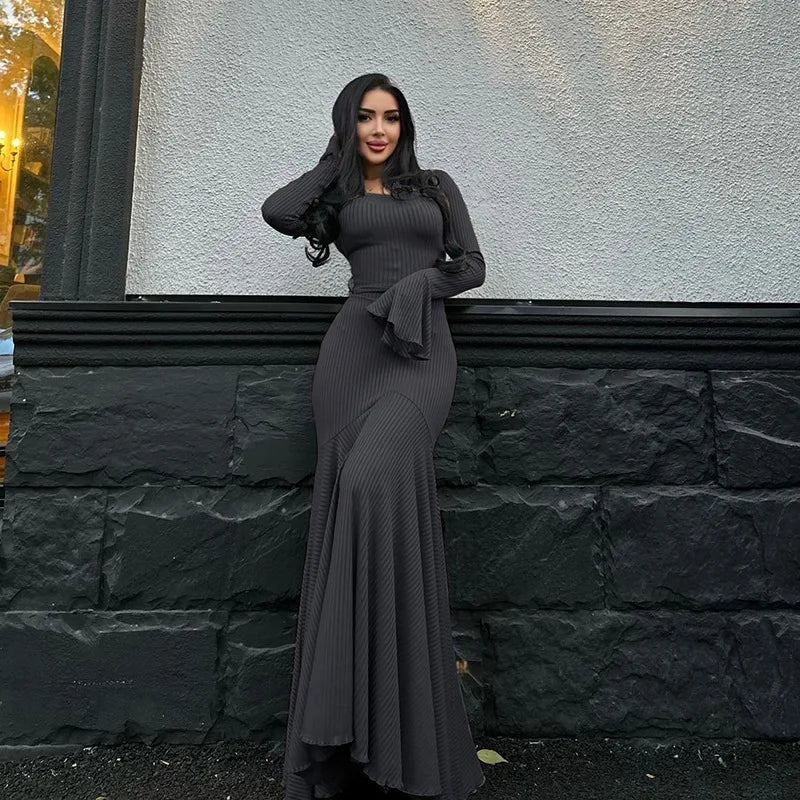 Women's Bandage Long Sleeve Casual Outfits Elegant Frill Ribbed Maxi Dress