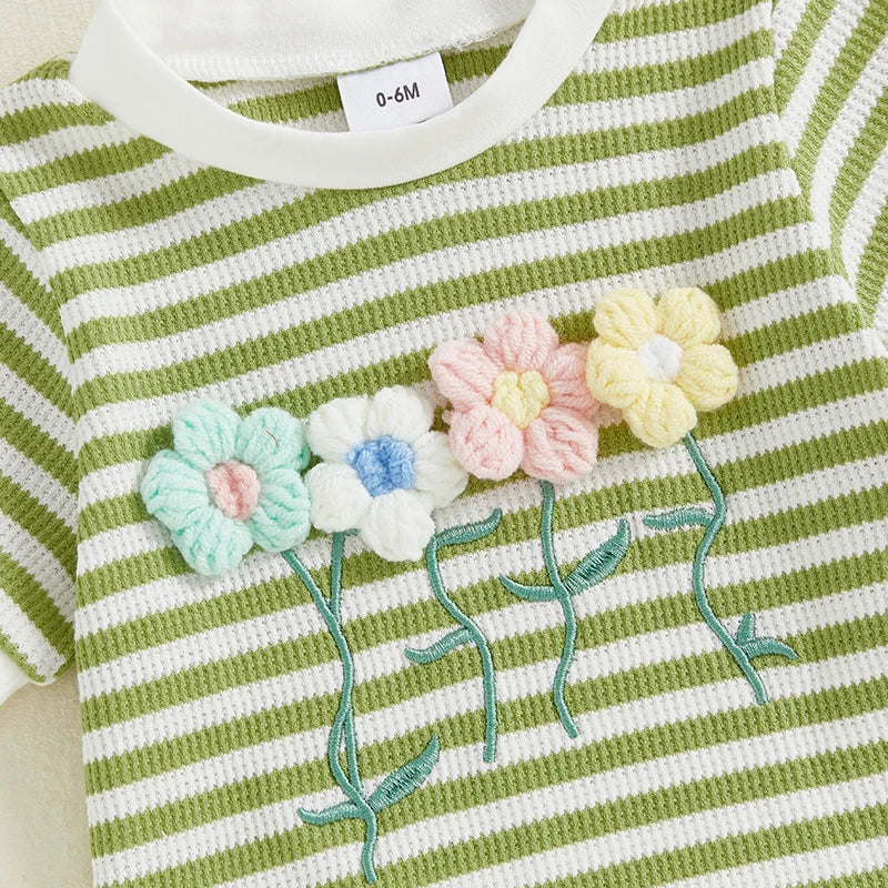 0-6Y Kids Girls Summer Clothes Sets Short Sleeve O Neck Flower Embroidery Striped T Shirts and Drawstring Shorts