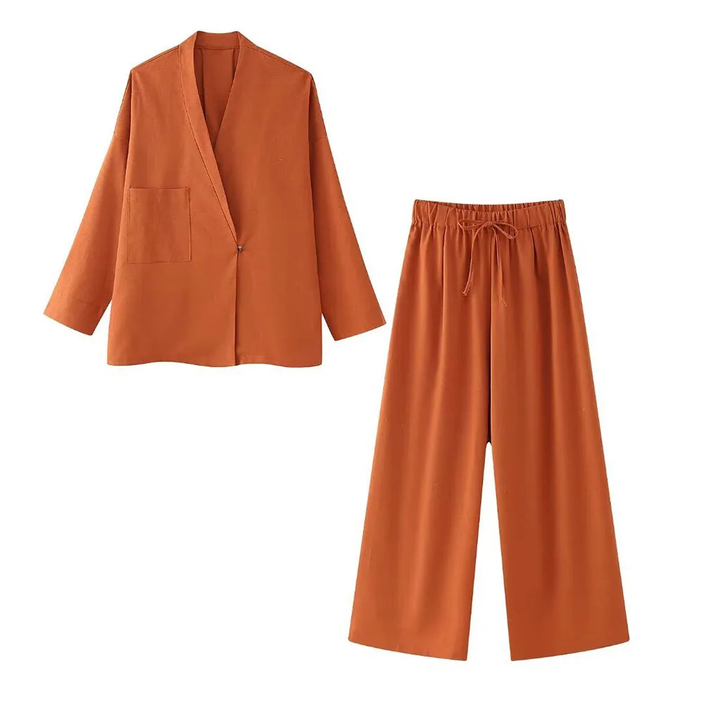 Women's V-neck Linen elastic waist wide-leg Trousers suit