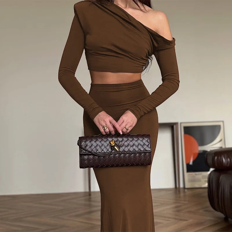 Women's Elegant Ruched 2 Piece Dress Set - Asymmetrical Top & Maxi Skirt