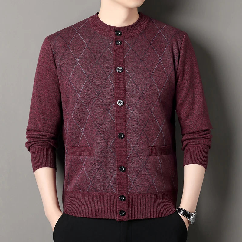 Autumn Winter O-Neck Argyle Cardigan - Smart Casual Fleece Sweater Coat