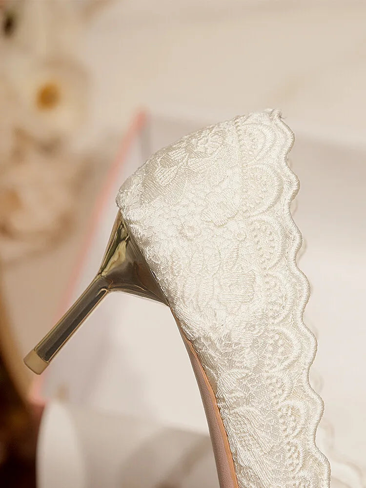 Embroidered Bridal Heels - Pointed Toe Wedding Pumps with 6.5cm Heel