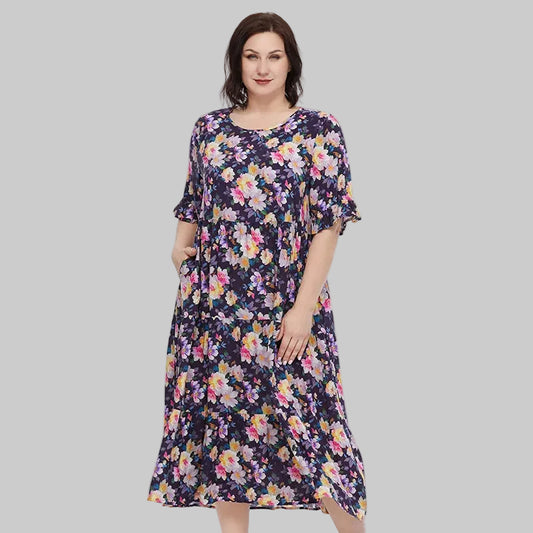 Women's Oversized Floral Print A-Line Midi Dress