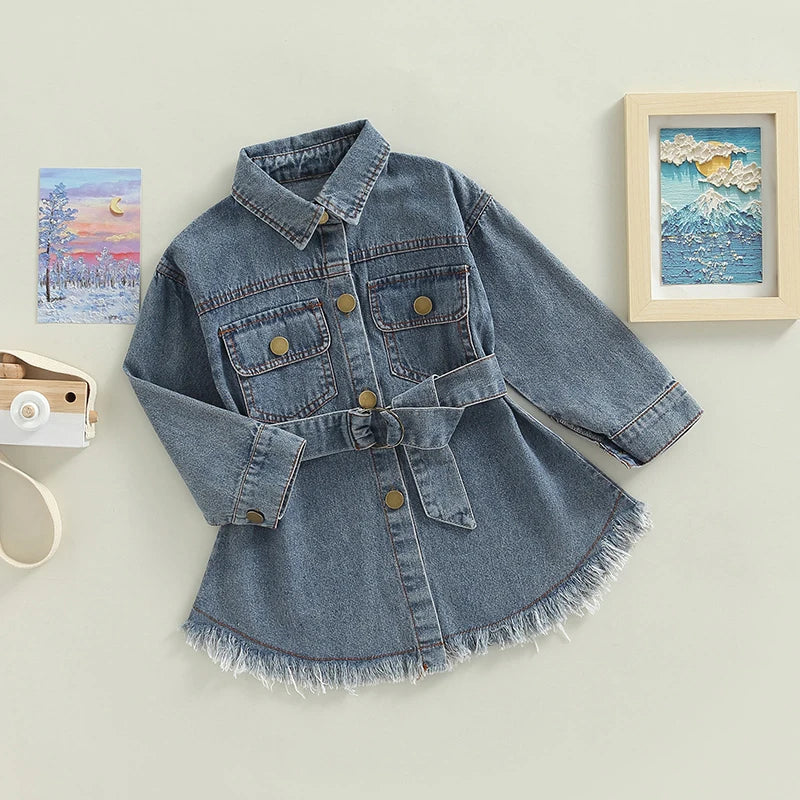 1-6Y Girls Denim Dress and Waistband Blue Denim Long Sleeve Single-breasted A-Line Dress