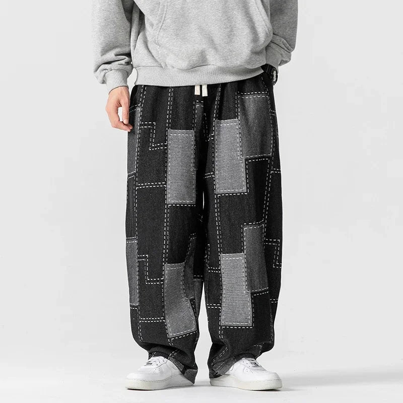 Men's Autumn Winter Loose Patchwork Denim Pants Casual Jean Trousers