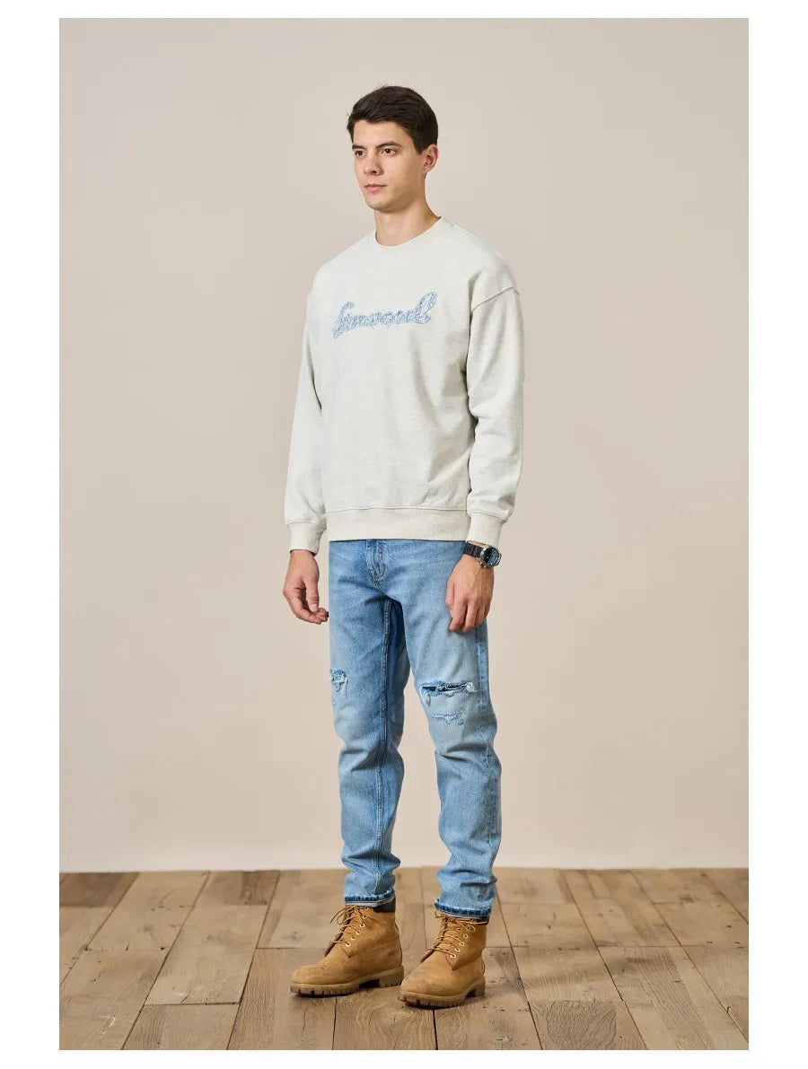 Men's Heavyweight Oversized Letter Embroidery Sweatshirt – 390g Cotton Pullover