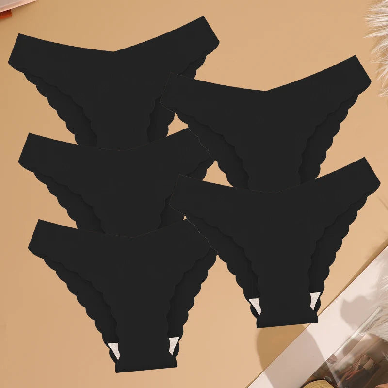 Women's 5Pcs Ice Silk Ruffles Underwear V Waist Panties Seamless Low-Waist Briefs  Comfortable Lingerie