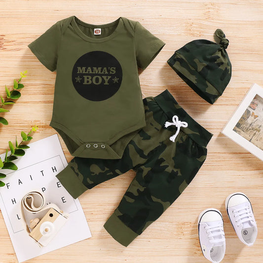 0-18 Months Baby's Short Sleeve Bodysuit and Camouflage Joggers with Headband Outfit