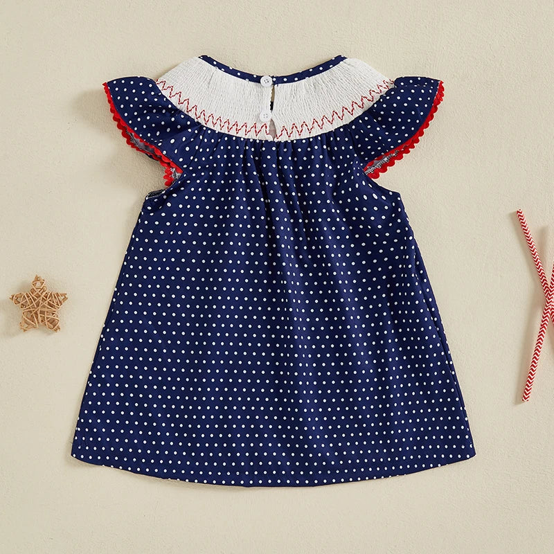 Kids Girls Dress 0-5Y USA Flag Embroidery Dot/Plaid Print Short Sleeve A-Line Dress