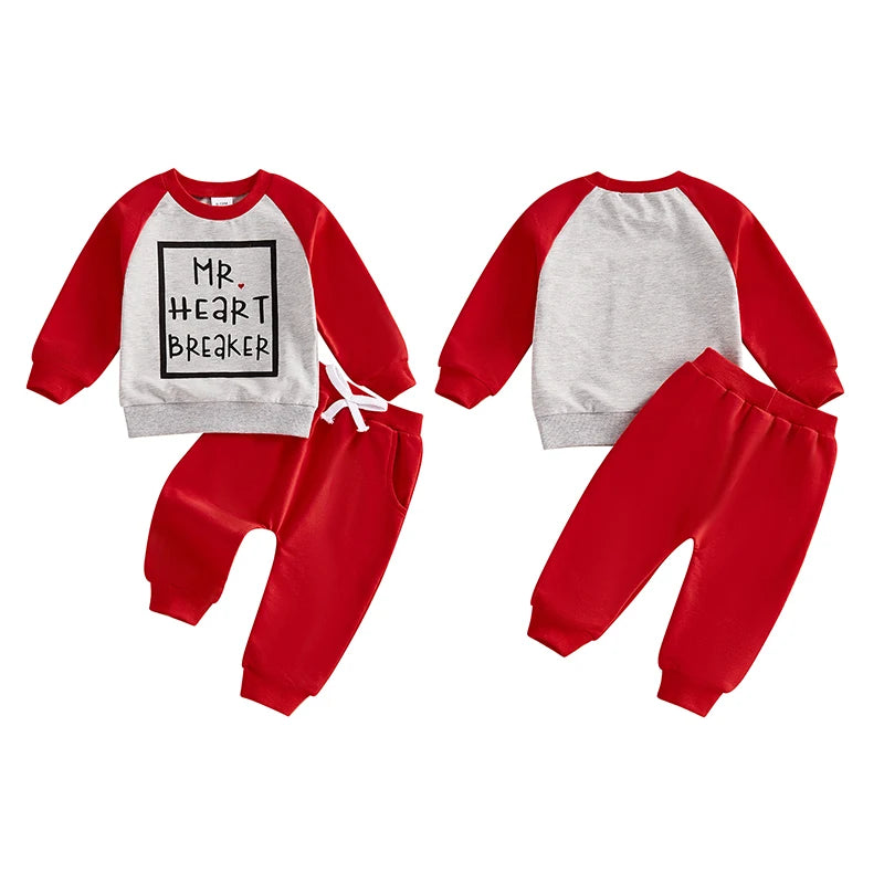 0-3Y Casual Baby Boys Valentines Day Clothes Sets Color Patchwork Letter Print Long Sleeve Sweatshirt Solid Pants