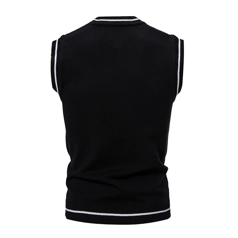 Men's V-Neck Knit Vest - Slim Fit Sleeveless Patchwork Sweater Vest for Autumn Winter
