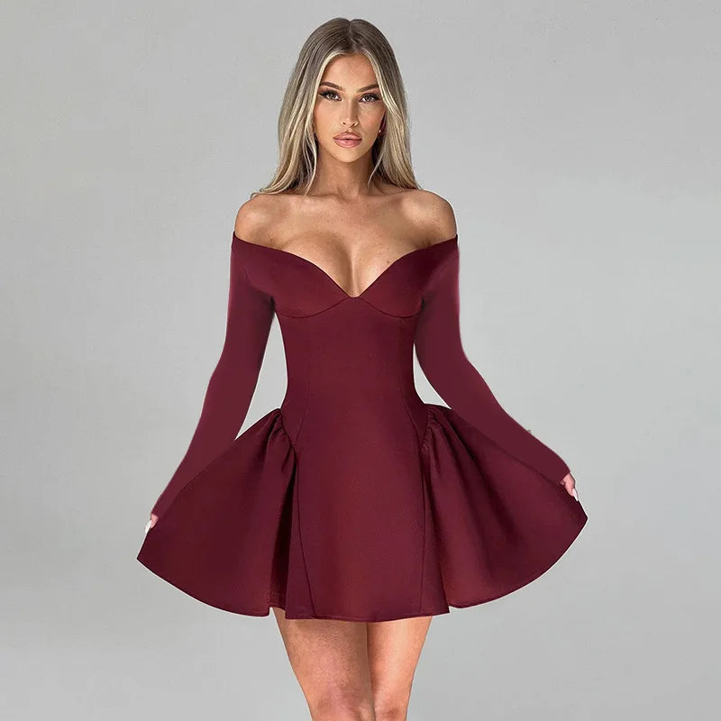 Women's Off Shoulder V Neck A-Line Mini Dress Club Party Outfits for Women Long Sleeve Sexy Bodycon Dresses Elegant Gown