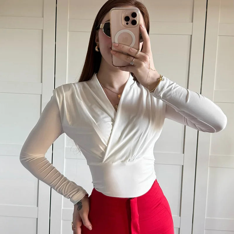 Women's Cross-Neck Slim Long Sleeve Elegant Ruched Top