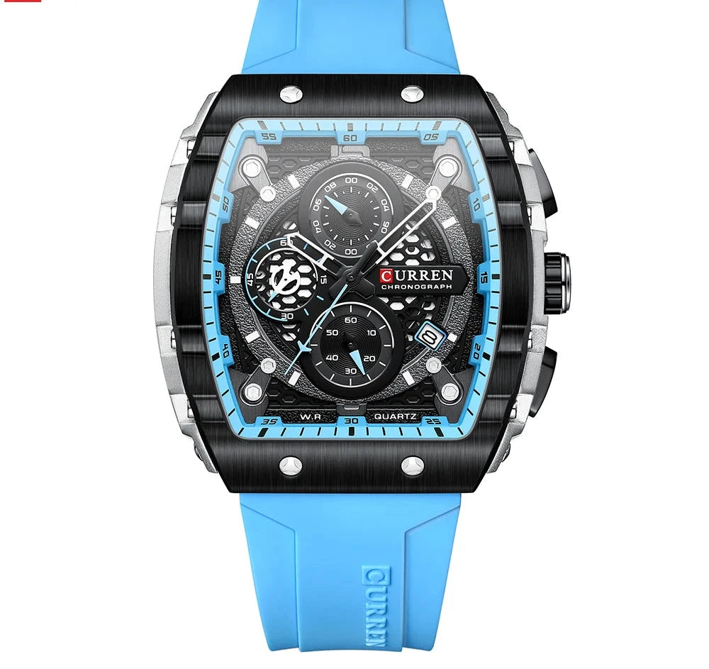 Tonneau Dial Sport Watch - Waterproof Quartz with Auto Date & Yellow Silicone Strap