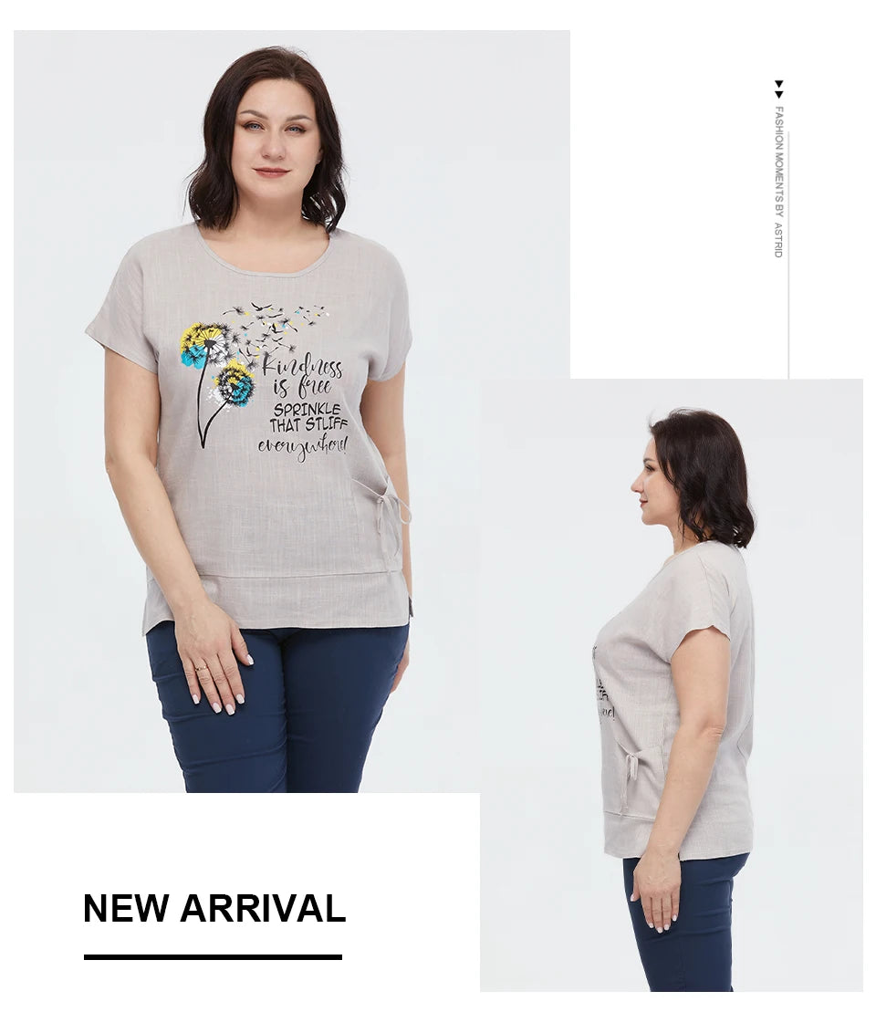 Women's Oversized Cotton Linen Floral Print T-Shirt – Short Sleeve