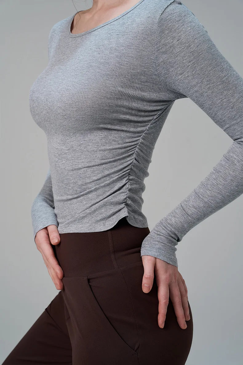Ribbed Gym Top - Long Sleeve Drape Sides Yoga Shirt with Dry Fit