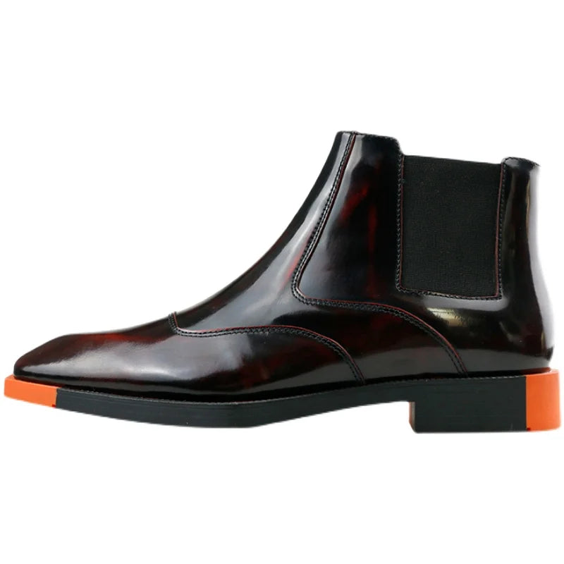 Men Square Head Chelsea  Leather Boots