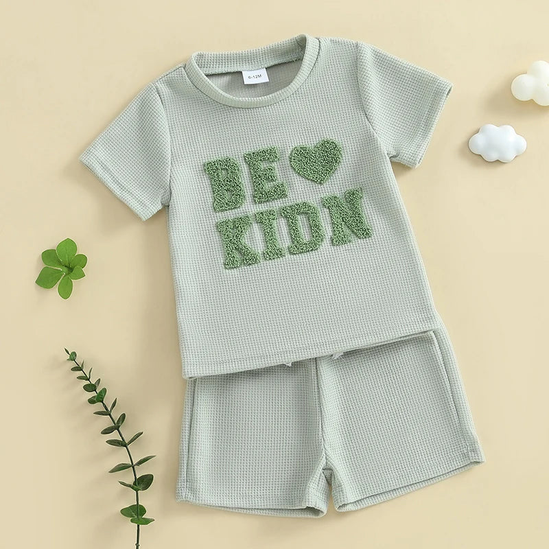 0-4Y Toddler Baby Boys Casual Clothes Sets Letter Cow Embroidery Short Sleeve T Shirts Tops with Elastic Waist Shorts