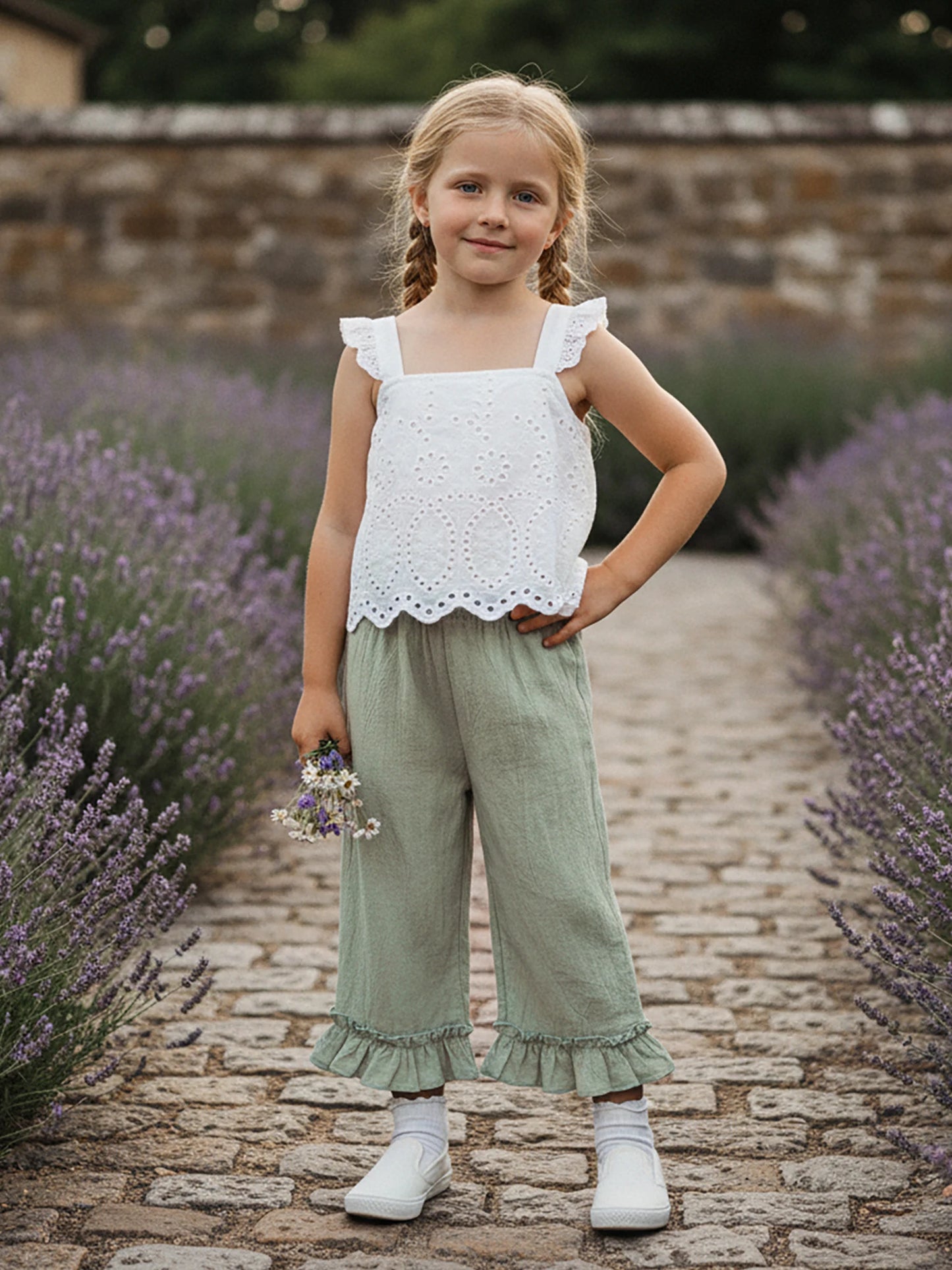 Girls Spring Outfit Set - Lace Ruffle Sleeveless Top & Wide Leg Pants (2-7Y)