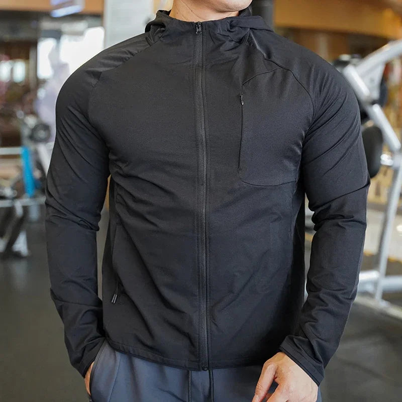 Men's Nylon Sport Coat Gym Fitness Hoodies Outdoor Workout Tops Hooded Training Running Zipped Jacket