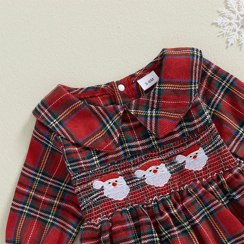 Christmas Santa Embroidery Peter Pan Collar Romper - Baby Girls Plaid Jumpsuit
