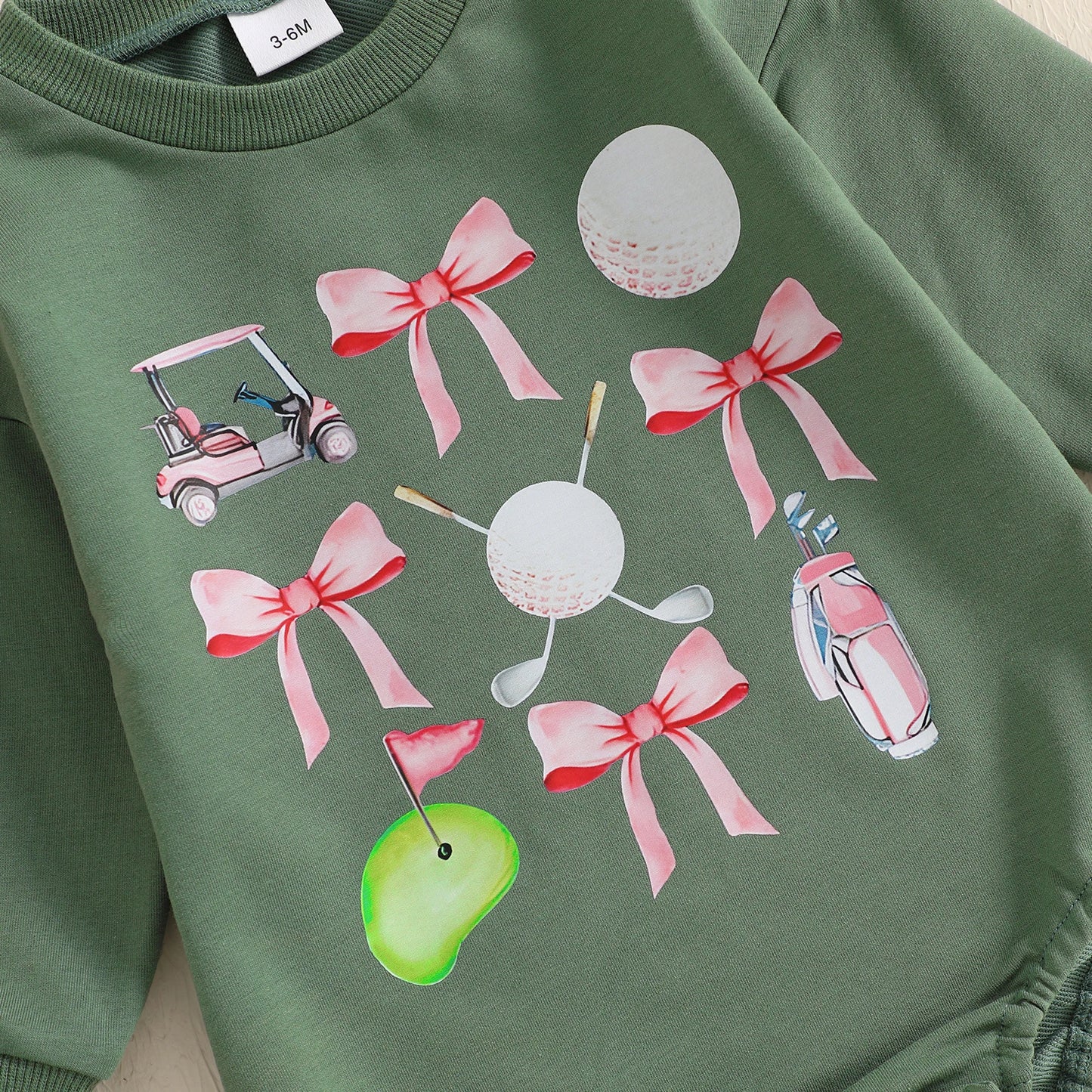 Baby Sweatshirt Romper - Golf Bow Print Crew Neck Jumpsuit