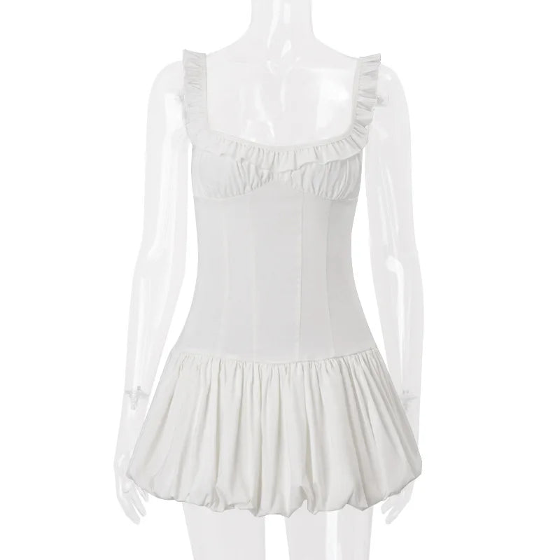 Women's White A-Line Mini Ball Gown - Backless Pleated Summer Party Dress