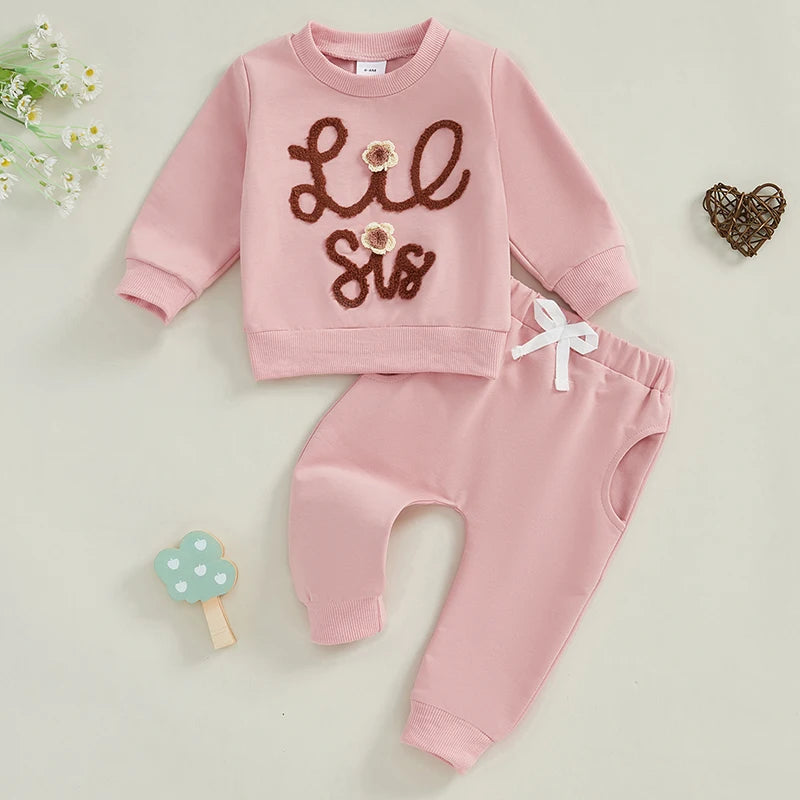 0-4Y Kids Girls Long Sleeve Letter Flower Embroidery Sweatshirt Top Drawstring Pants