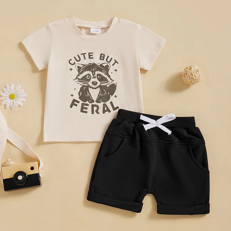 0-3Y Casual Baby Boys Summer Clothes Sets Cartoon Letter Print Round Neck Short Sleeve T-Shirts Elastic Waist Shorts