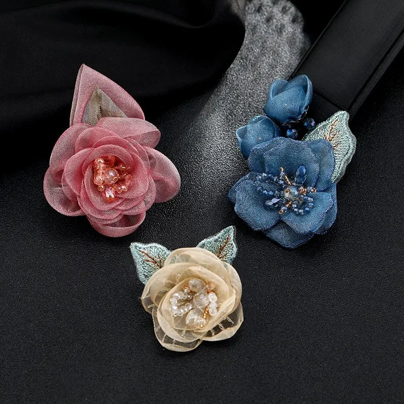 Women's Crystal Ribbon Flower Brooch Pins Rhinestones Pearl Corsage Suit Collar  Brooches