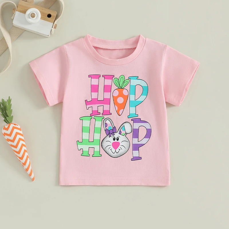 0-6Y Summer Kids Boys Girls Easter T Shirt Rabbit Letter Print Short Sleeve Pullover Top