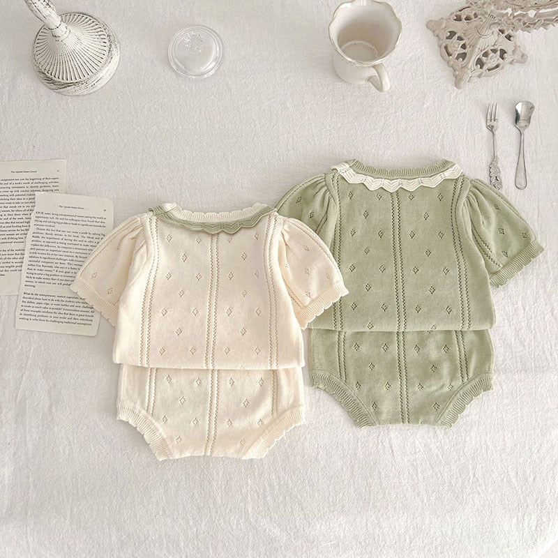 Baby's Hollow Out Knit Tee and Shorts 2 Pcs Set