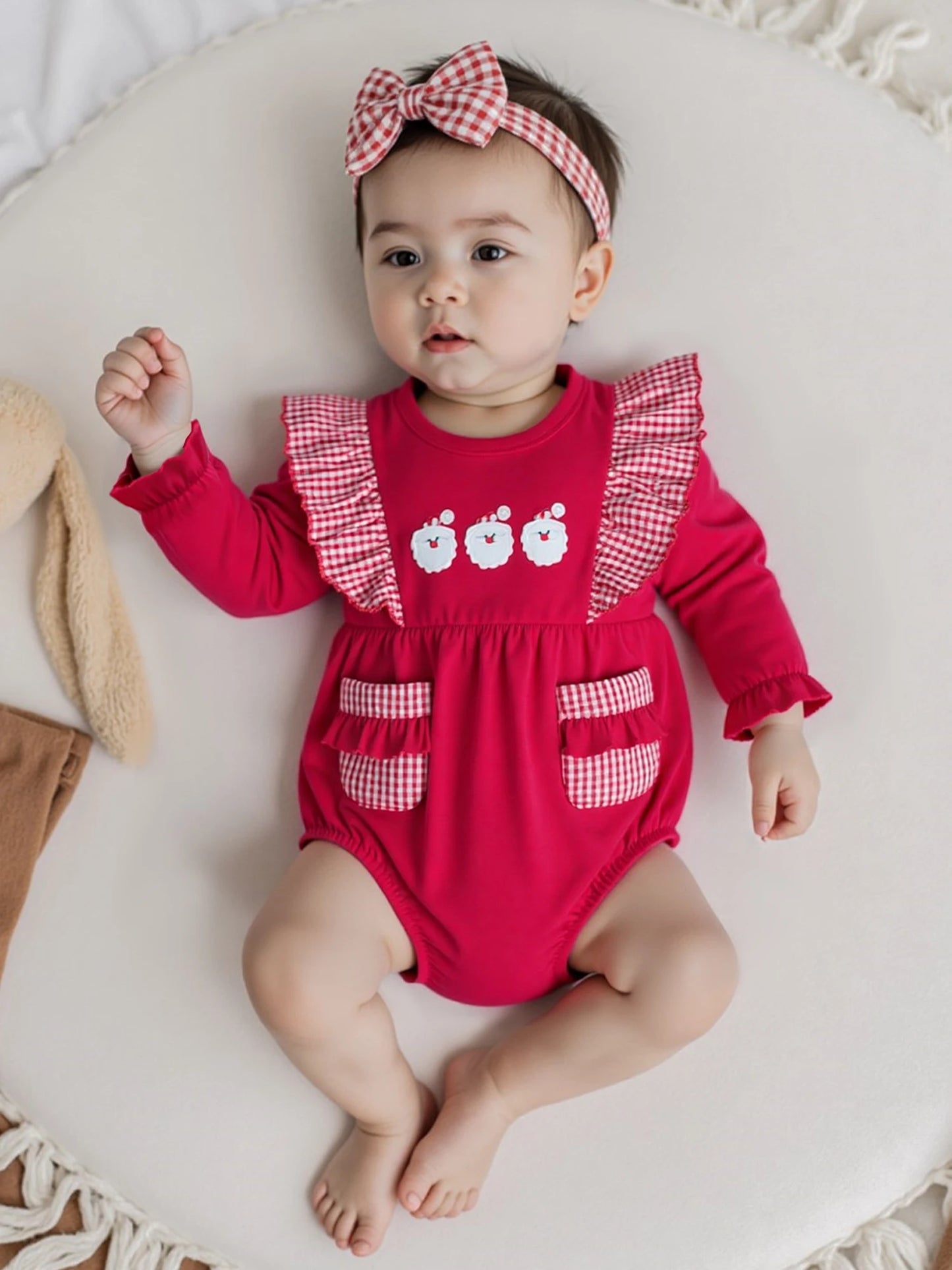 Baby Christmas Romper - Santa Plaid Ruffle Trim Long Sleeve Bodysuit with Pockets (0-18M)