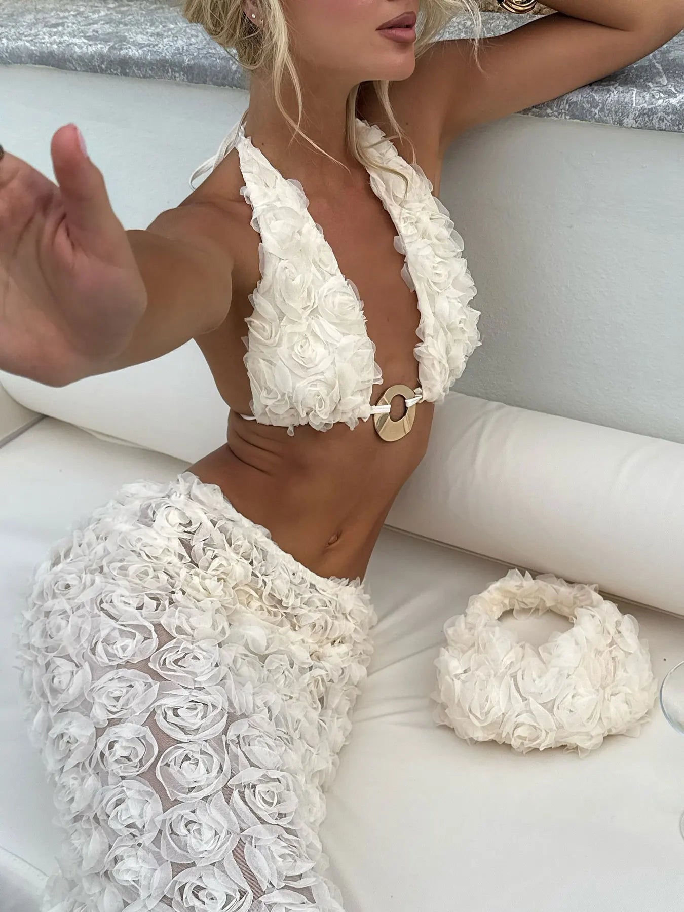 Women's 3D Flower Bikini Set with Skirt - 3-Piece Beach Vacation Swimwear