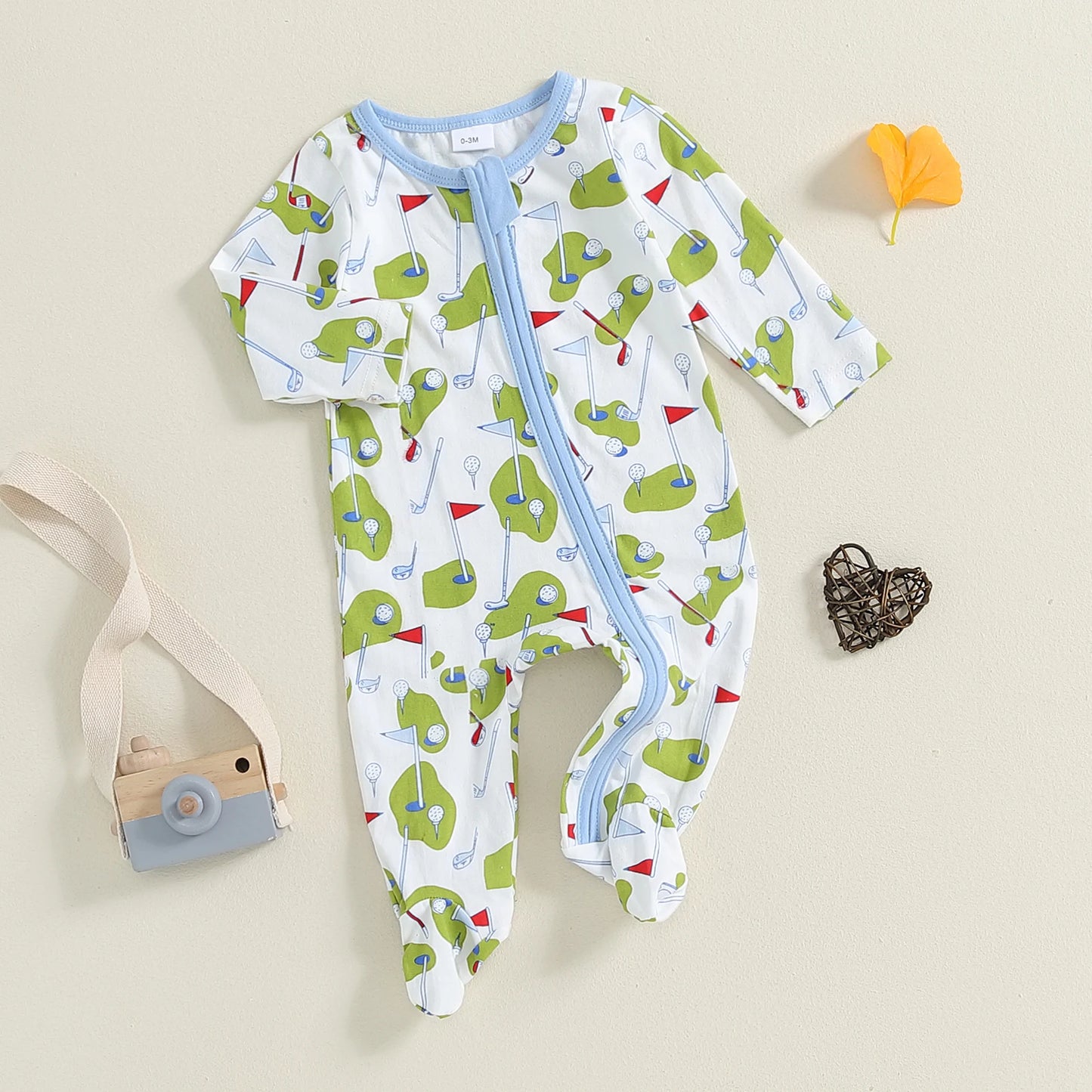 Newborn Baby Footed Romper - Long Sleeve Cartoon Golf Print Zipper Jumpsuit