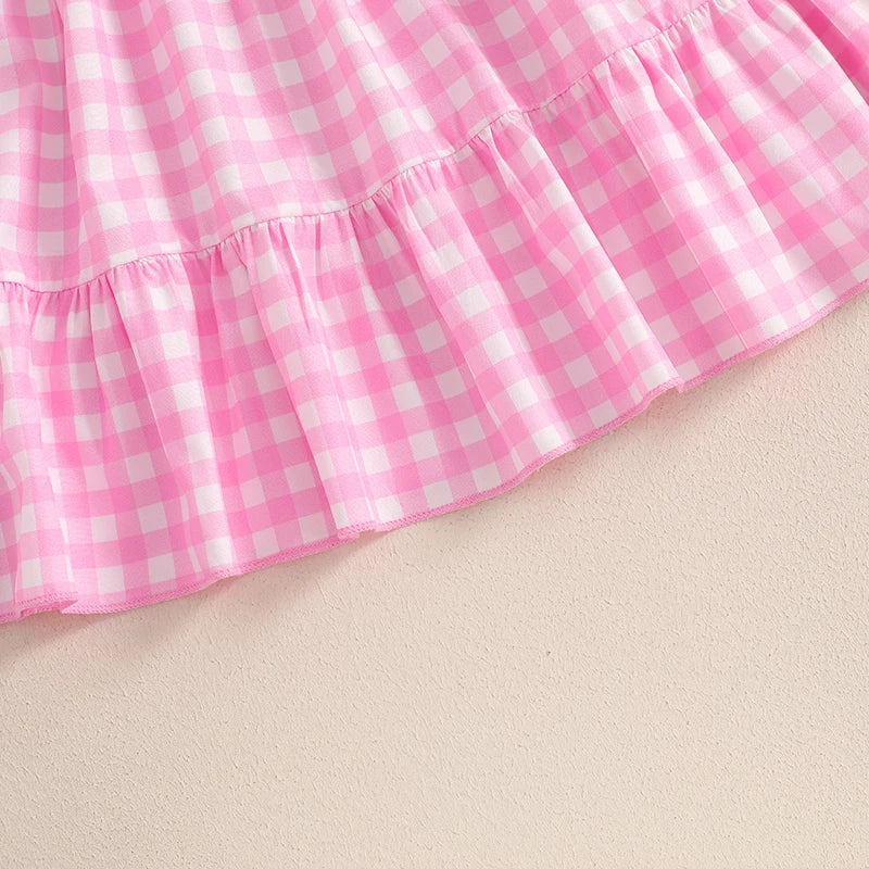 4-6Y Kids Girl's Summer Dress Plaid Print Short Puff Sleeve Square Neck Tiered A-Line Dress