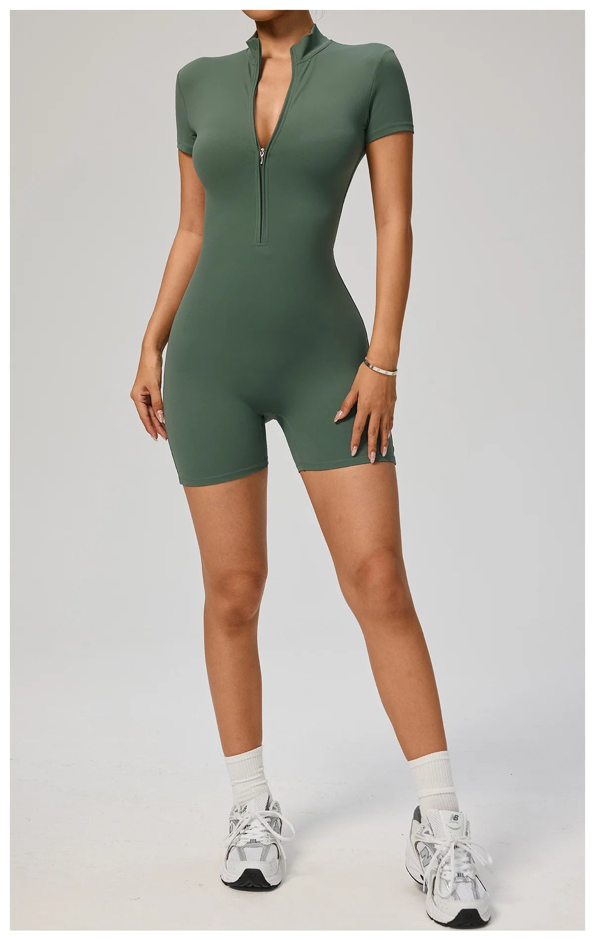 Zipper Front Jumpsuit - Short Sleeve Nylon Workout Set for Gym & Yoga