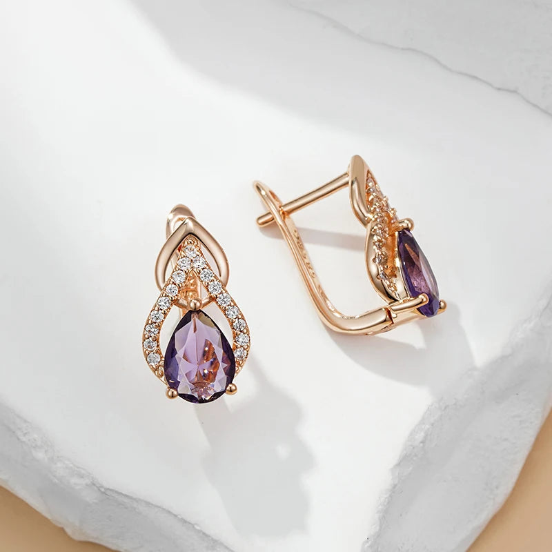 Women 585 Rose Gold Vintage Sparkling Purple Water Drop Natural Zircon Earrings