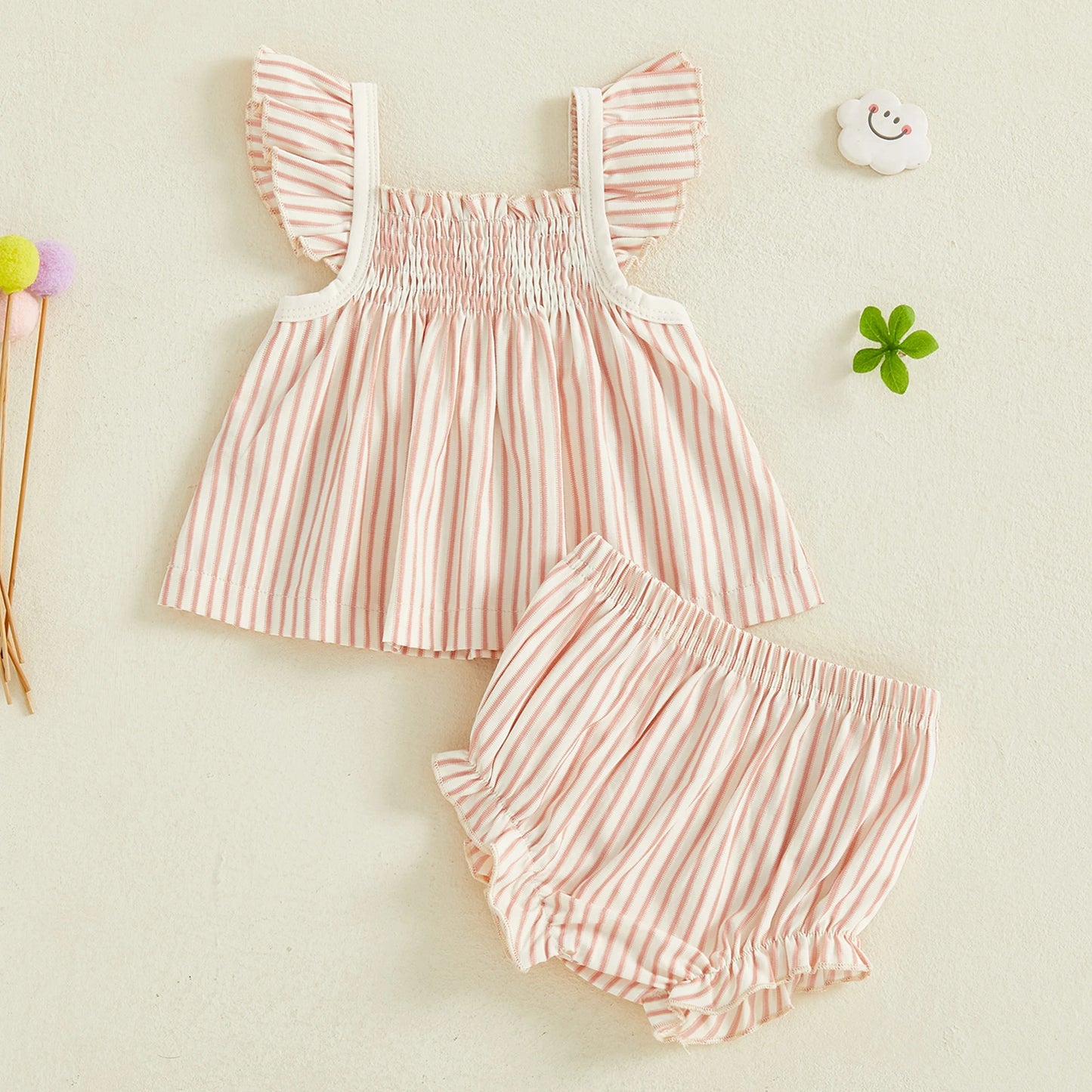 Baby Girls Striped Summer Outfit Set - Flying Sleeve Top & Shorts (0-24M)