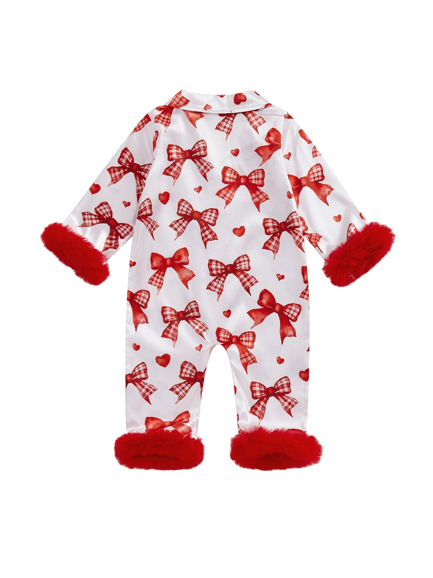 Baby Girls Romper - Heart Print Lapel Collar Jumpsuit with Fur Cuffs