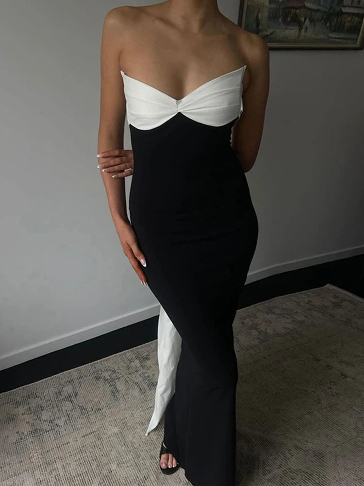 Women's Backless Bows Strapless Contrast Ribbon Long Dress Elegant Female Bodycon Gown Clothes