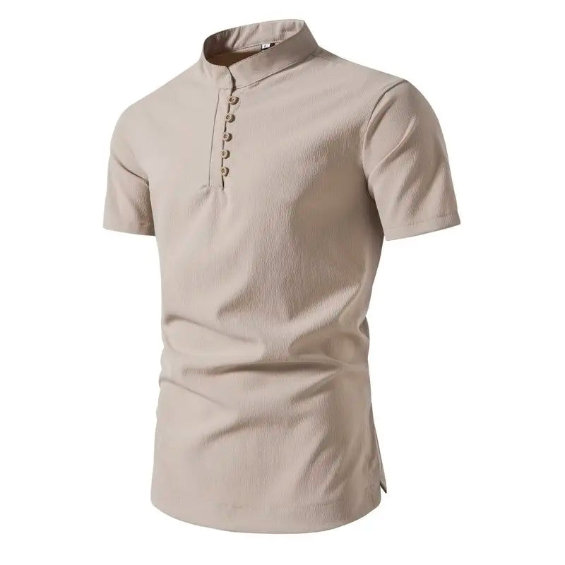 Men's Summer Stand Collar Short Sleeve Casual Slim Fit Pullover Shirt