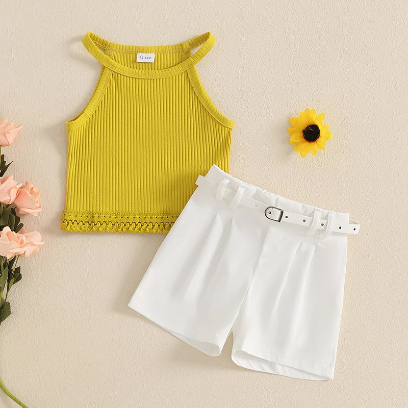 1-5Y Kids Girl's Summer Clothes Set Sleeveless Ribbed Halter Cami Top and Shorts with Belt